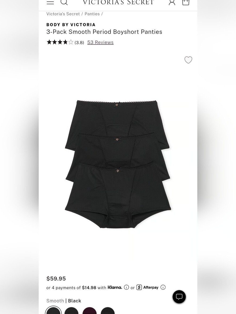 Victoria's Secret 3-Pack Smooth Period Panties Boyshorts - Black LARGE
